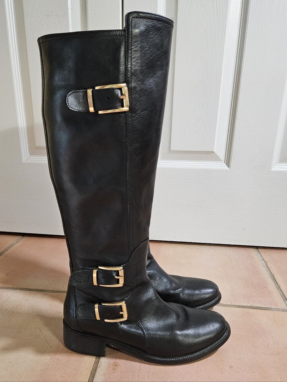 Napoleoni Tall Leather Riding Boots Gold Buckles